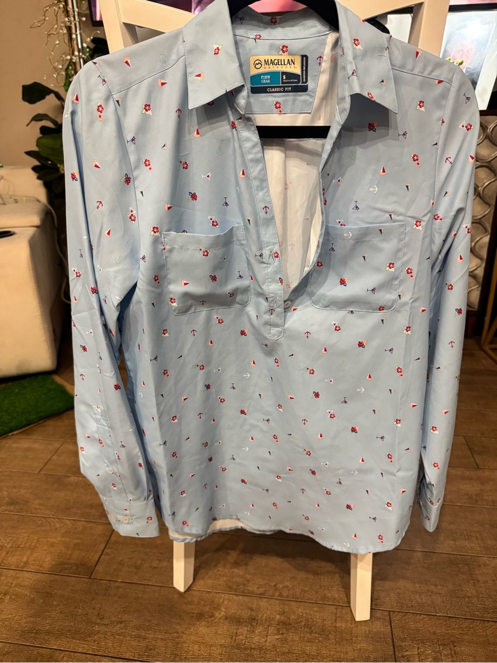 NWT Women’s Magellan Outdoors Light Blue Button-Down with Red Micro Motifs